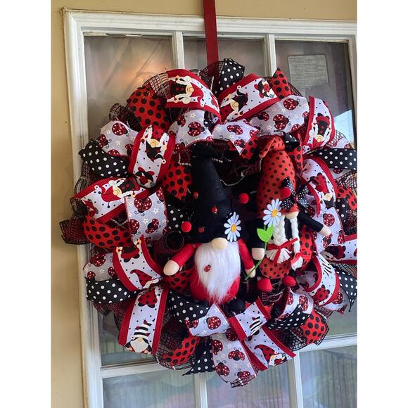 Ladybug Gnome Wreath Red Black White Mesh Polka Dot Door Decor Spring Summer 24” - Picture 6 of 7